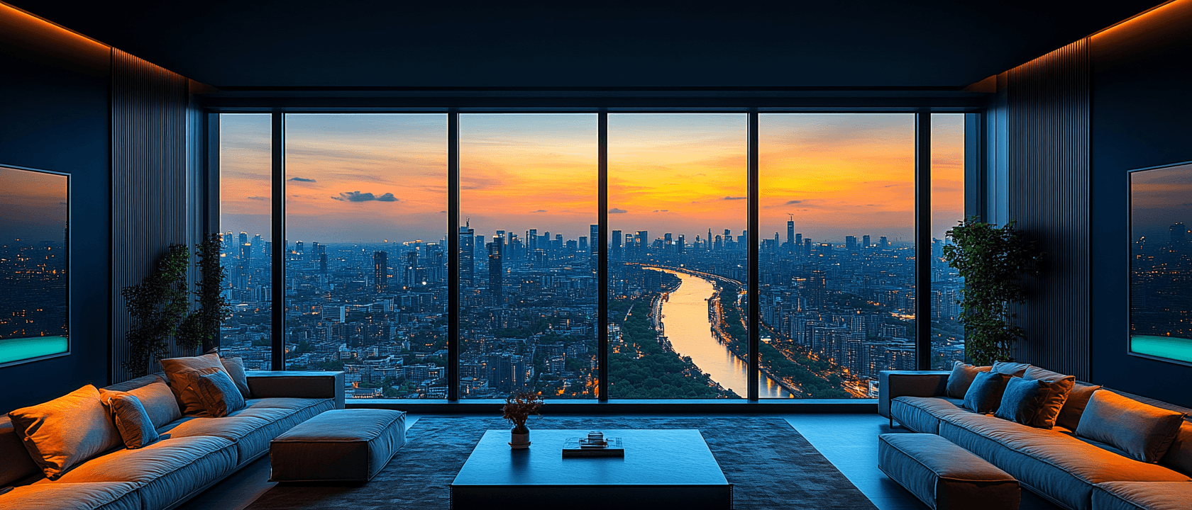 Luxuriöses Wohnzimmer mit Panoramablick – Kategorie Miete und Wohnen