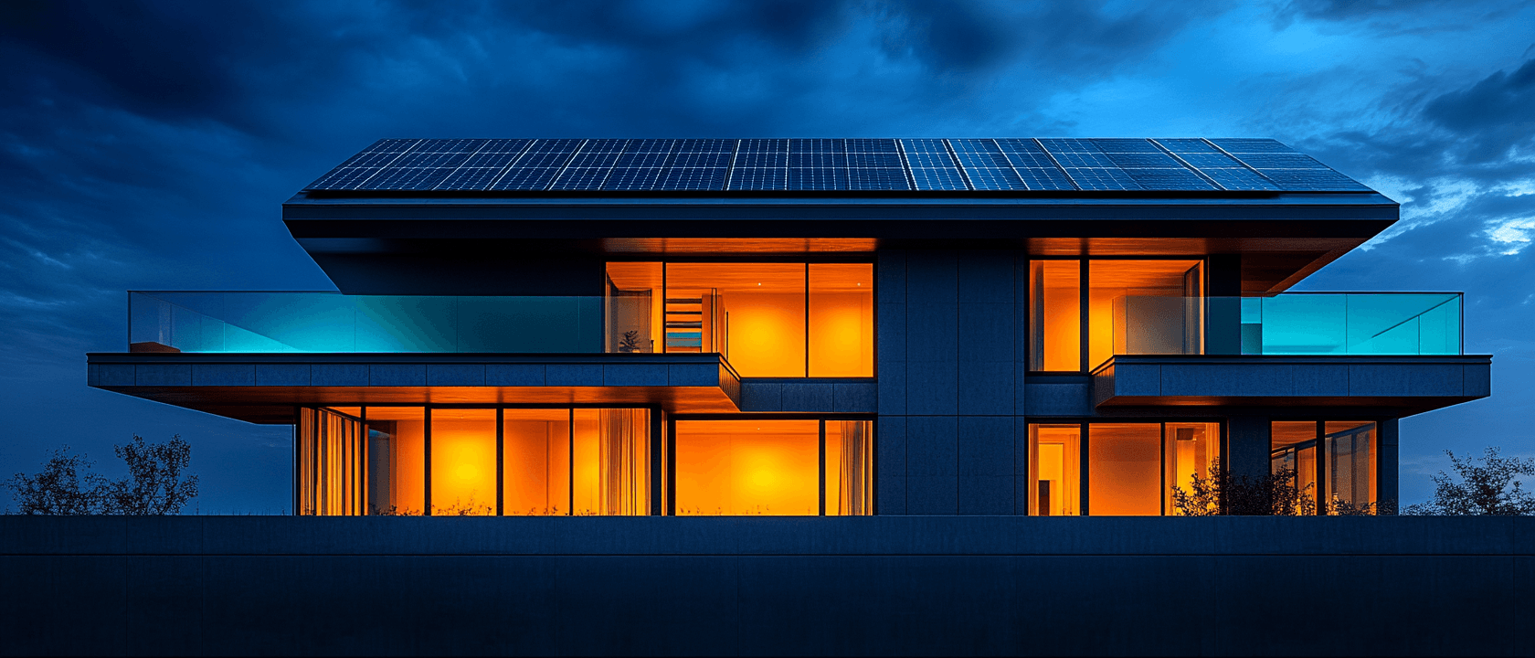 Haus mit Solarpanelen bei Nacht, Kategorie Energie und Sanierung